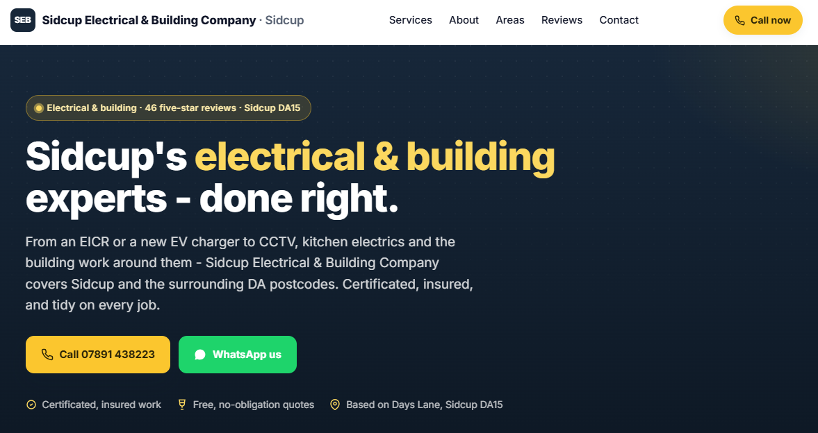Example trade website for an electrician — clear services and instant contact buttons