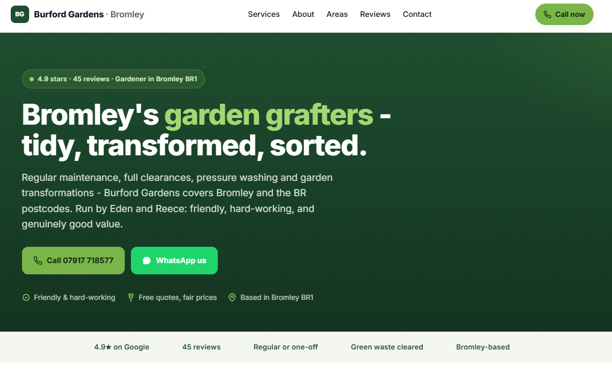 Example trade website for a gardener — homepage showing services and area covered