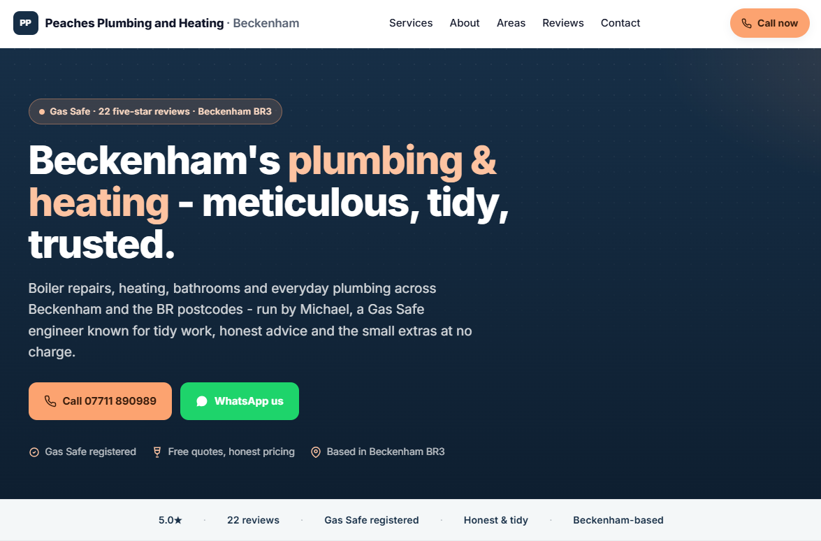Example trade website for a plumber — clean one page design with instant contact buttons