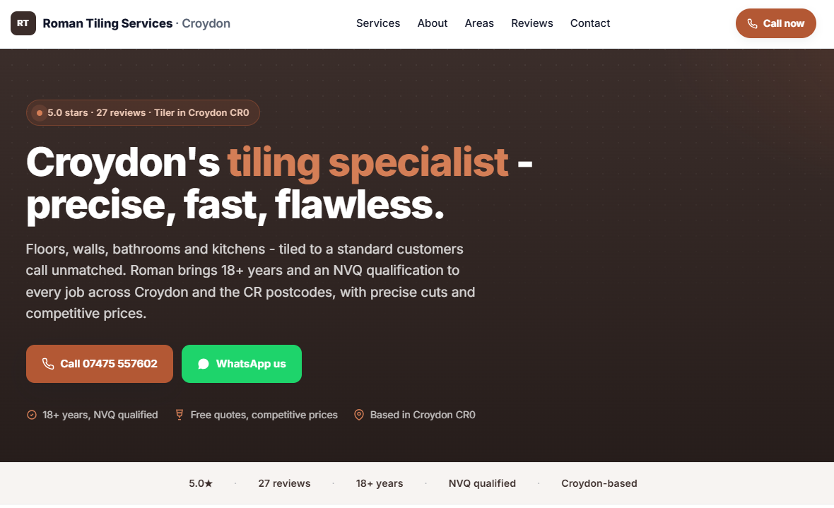 Example trade website for a tiler — professional homepage with qualifications and reviews